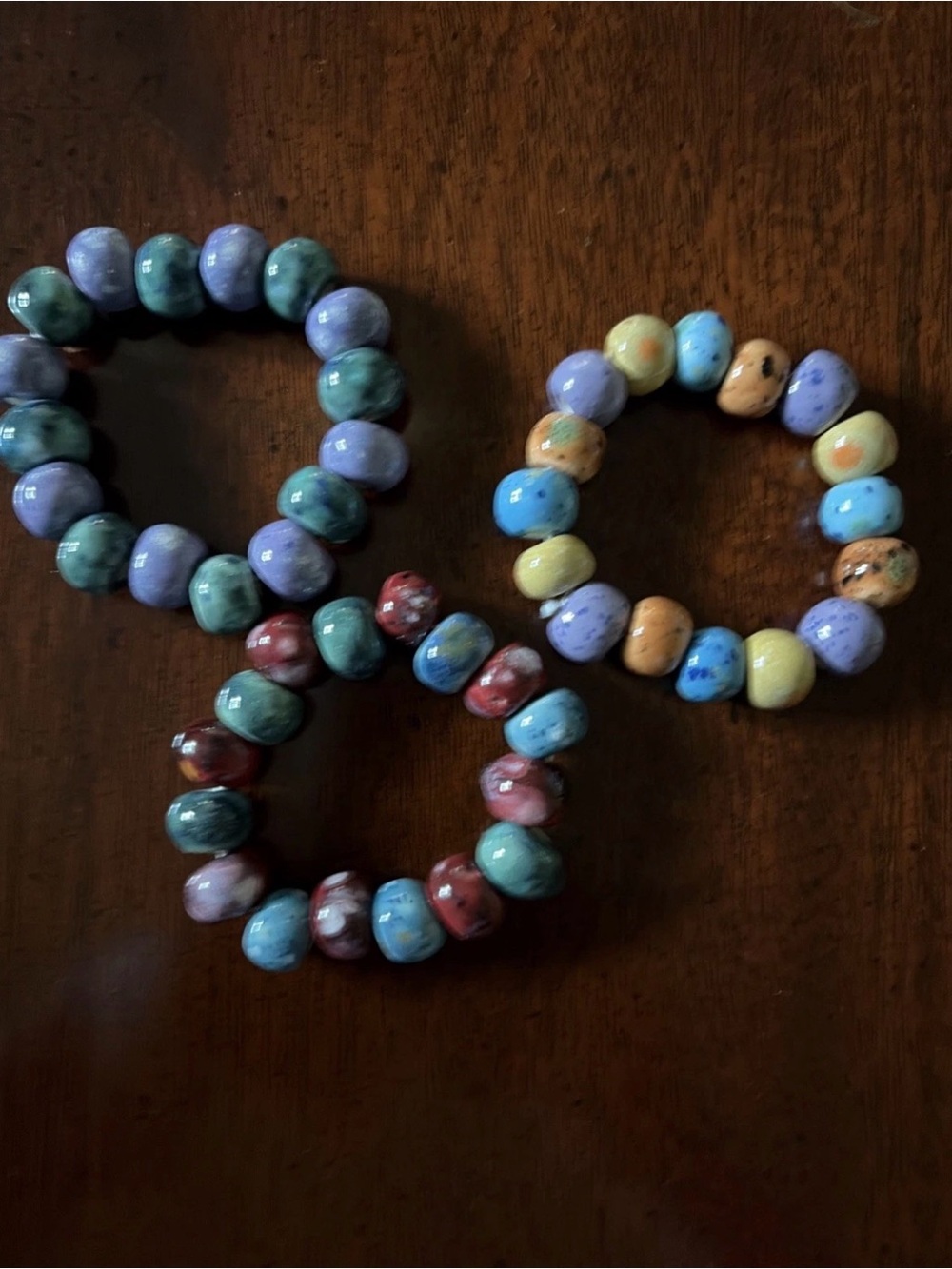 THREE Multicolor Ceramic Bead Stretch Bracelets from Mexico